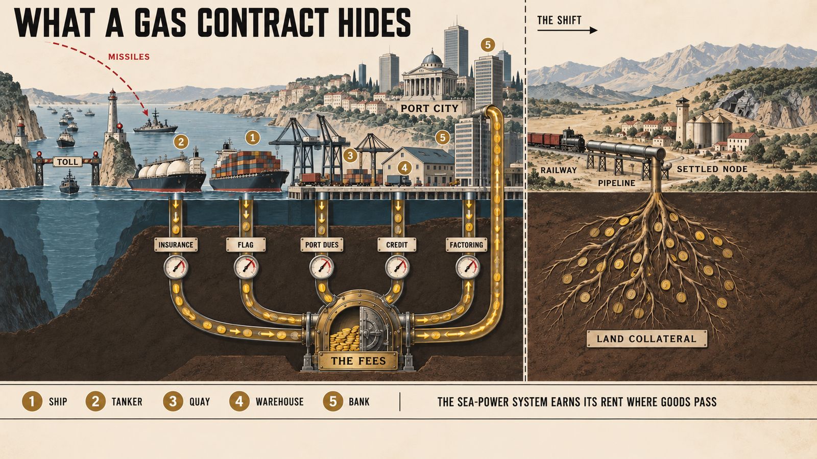 Coupe d'un port montrant les frais collectés sous la surface / Cutaway of a port showing the fees collected beneath the surface