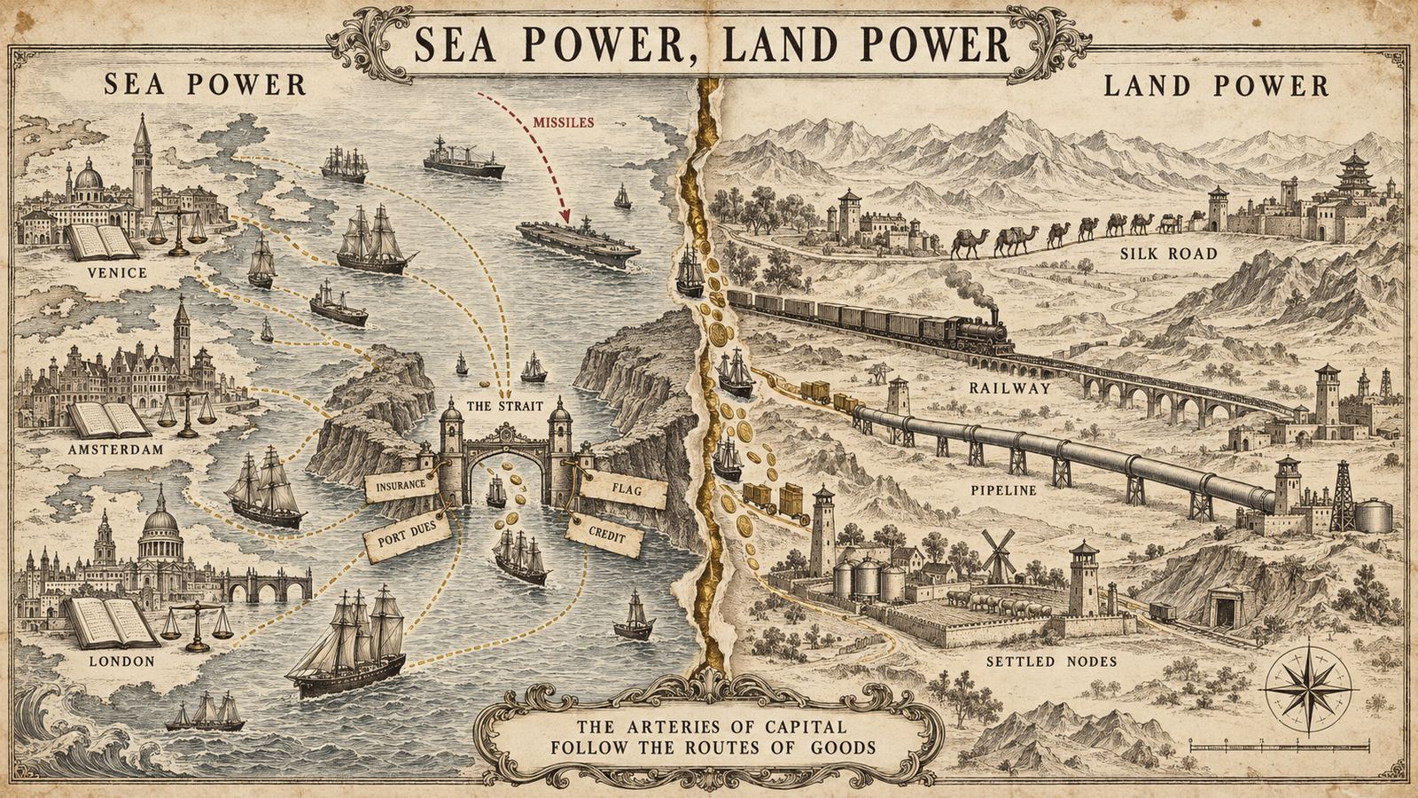 Carte gravée opposant la puissance maritime et la puissance terrestre / Engraved map setting sea power against land power