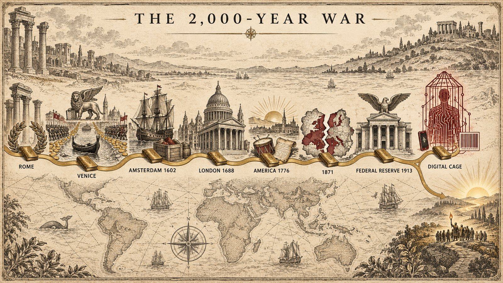 Carte illustrée du récit de Holt, de Rome à la cage numérique / Illustrated map of Holt's narrative, from Rome to the digital cage