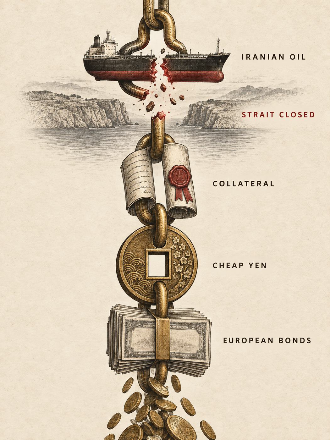Chaîne brisée reliant pétrole iranien, collatéral, yen et obligations européennes / Broken chain linking Iranian oil, collateral, yen and European bonds